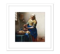 Artery8 Johannes Vermeer Het Melkmeisje 8X8 Inch Square Wooden Framed Wall Art Print Picture with Mount in White Artery8 White