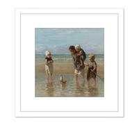 Artery8 Jozef Israels Children Of The Sea Bathing Painting 8X8 Inch Square Wooden Framed Wall Art Print Picture with Mount in White Artery8 White
