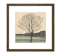 Artery8 Julie De Graag Kale Boom Lone Tree Field Woodcut 8X8 Inch Square Wooden Framed Wall Art Print Picture with Mount in Brown Artery8 Brown