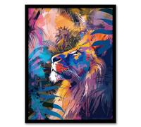 Artery8 Jungle Lion Colourful Abstract Pop Art Design For Living Room Artwork Framed Wall Art Print A4