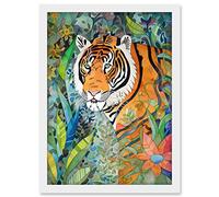 Artery8 Jungle Tiger Flowers Leaves Folk Art Artwork Framed A3 Wall Art Print