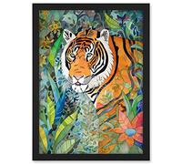 Artery8 Jungle Tiger Flowers Leaves Folk Art Artwork Framed A3 Wall Art Print
