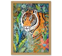 Artery8 Jungle Tiger Flowers Leaves Folk Art Artwork Framed A3 Wall Art Print