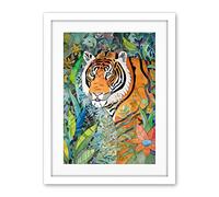 Artery8 Jungle Tiger Flowers Leaves Folk Art Artwork Framed Wall Art Print 18X24 Inch