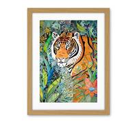 Artery8 Jungle Tiger Flowers Leaves Folk Art Artwork Framed Wall Art Print 18X24 Inch