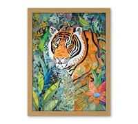 Artery8 Jungle Tiger Flowers Leaves Folk Art Artwork Framed Wall Art Print 18X24 Inch