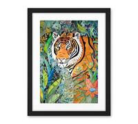 Artery8 Jungle Tiger Flowers Leaves Folk Art Artwork Framed Wall Art Print 18X24 Inch