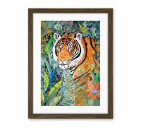 Artery8 Jungle Tiger Flowers Leaves Folk Art Artwork Framed Wall Art Print 18X24 Inch
