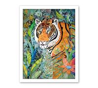 Artery8 Jungle Tiger Flowers Leaves Folk Art Artwork Framed Wall Art Print 18X24 Inch