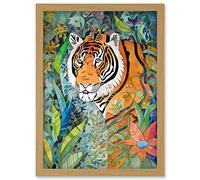 Jungle Tiger Flowers Leaves Folk Art Artwork Framed Wall Art Print A4 Artery8 Light Oak One Size