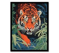 Artery8 Jungle Tiger Prowling Stalking Pouncing Animal Nature Artwork Painting Artwork Framed Wall Art Print 18X24 Inch