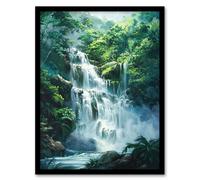 Jungle Waterfall Amazon Rainforest Landscape Framed Art Print Artery8 Green W12 inch x H16 inch