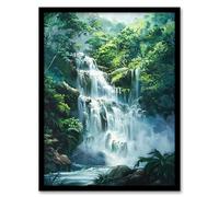 Jungle Waterfall Amazon Rainforest Landscape Framed Art Print Artery8 Green A4