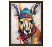 Artery8 Kangaroo Wearing Colourful Winter Hat and Scarf Artwork Framed A3 Wall Art Print
