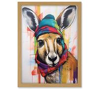 Artery8 Kangaroo Wearing Colourful Winter Hat and Scarf Artwork Framed A3 Wall Art Print