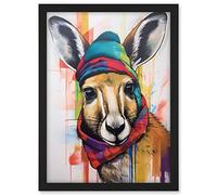 Artery8 Kangaroo Wearing Colourful Winter Hat and Scarf Artwork Framed A3 Wall Art Print