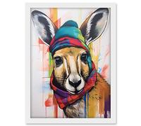 Artery8 Kangaroo Wearing Colourful Winter Hat and Scarf Artwork Framed A3 Wall Art Print