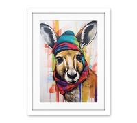 Artery8 Kangaroo Wearing Colourful Winter Hat and Scarf Artwork Framed Wall Art Print 18X24 Inch