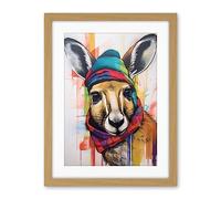 Artery8 Kangaroo Wearing Colourful Winter Hat and Scarf Artwork Framed Wall Art Print 18X24 Inch