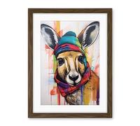 Artery8 Kangaroo Wearing Colourful Winter Hat and Scarf Artwork Framed Wall Art Print 18X24 Inch