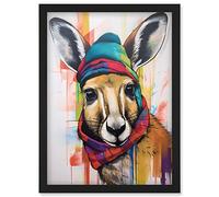 Artery8 Kangaroo Wearing Colourful Winter Hat and Scarf Artwork Framed Wall Art Print A4