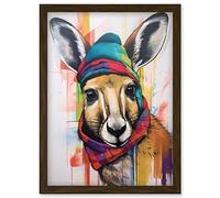 Artery8 Kangaroo Wearing Colourful Winter Hat and Scarf Artwork Framed Wall Art Print A4
