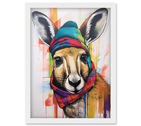 Artery8 Kangaroo Wearing Colourful Winter Hat and Scarf Artwork Framed Wall Art Print A4