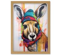 Artery8 Kangaroo Wearing Colourful Winter Hat and Scarf Artwork Framed Wall Art Print A4