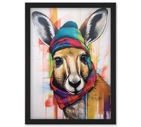 Artery8 Kangaroo Wearing Colourful Winter Hat and Scarf Artwork Framed Wall Art Print A4