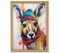 Artery8 Kangaroo Wearing Colourful Winter Hat & Scarf Artwork Framed Wall Art Print A4 in Light Oak Artery8 Light Oak