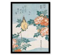 Artery8 Katsushika Hokusai Framed Wall Art Print Bush Warbler And Roses - A4 Size