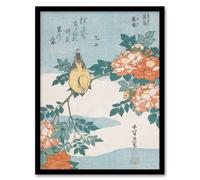 Artery8 Katsushika Hokusai Framed Wall Art Print Bush Warbler & Roses in Orange | Size: A4 Artery8 Orange A4