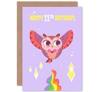 Artery8 Kawaii Cute Owl Flying Pink 11th Birthday Greetings Card in Purple Artery8 Purple