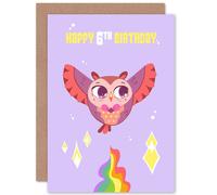 Artery8 Kawaii Cute Owl Flying Pink 6th Birthday Greetings Card in Purple Artery8 Purple