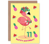 Artery8 Kawaii Flamingo 11th Birthday Greetings Card in Yellow Artery8 Yellow