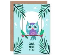 Artery8 Kawaii Owl Perch Miss You Greetings Card in Light Blue Artery8 Light Blue