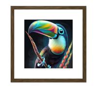 Artery8 Keel Billed Toucan Bird Vibrant Colourful Portrait on Black Square Wooden Framed Wall Art Print Picture 8X8 Inch in Brown Artery8 Brown
