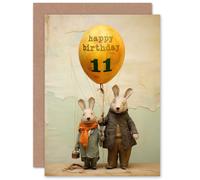 Artery8 Kids Birthday Age 11 Cute Bunny Rabbits Balloon For Child Son Daughter Blank Inside Greeting Card