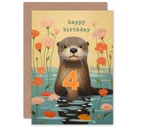 Artery8 Kids Birthday Age 4 Cute Otter Lake Flowers For Child Daughter Girl Blank Inside Greeting Card