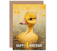 Artery8 Kids Birthday Age 4 Cute Sweet Duckling Duck Pond Flowers For Child Girl Daughter Blank Inside Greeting Card