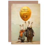 Artery8 Kids Birthday Age 5 Cute Bunny Rabbits Balloon For Child Son Daughter Blank Inside Greeting Card