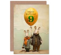Artery8 Kids Birthday Age 9 Cute Bunny Rabbits Balloon For Child Son Daughter Blank Inside Greeting Card