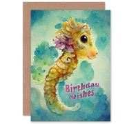 Artery8 Kids Birthday Cute Seahorse 4th 5th 6th 7th For Child Daughter Greeting Card in Blue Artery8 Blue