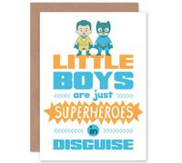 Artery8 Kids Boys Superheroes Disguise White Greetings Card in Blue Artery8 Blue