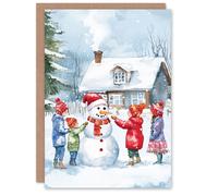 Artery8 Kids Build Snowman Cottage Garden Blank For Him Or Her Art Xmas Festive Christmas Card
