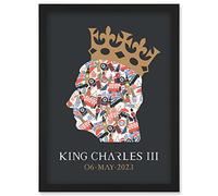 Artery8 King Charles III Coronation Date British Symbol Head Collage with Crown Grey Design Artwork Framed Wall Art Print A4
