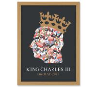 King Charles III Coronation Date British Symbol Head Collage with Crown Grey Design Artwork Framed Wall Art Print A4 Artery8 Light Oak One Size