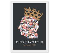 King Charles III Coronation Date British Symbol Head Collage with Crown Grey Design Artwork Framed Wall Art Print A4 Artery8 White One Size