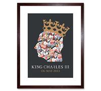 Artery8 King Charles III Coronation Date British Symbol Head Collage with Crown Grey Design Artwork Framed Wall Art Print 9X7 Inch