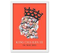 Artery8 King Charles III Coronation Date British Symbol Head Collage with Crown Red Design Artwork Framed Wall Art Print A4
